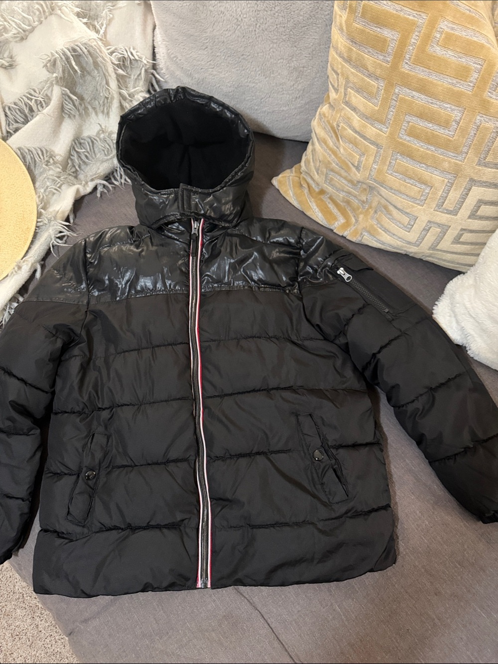 Tahari Teen Mixed-Media Shiny Puffer Jacket Black 16 XL Gorpcore Sherpa Quilted
